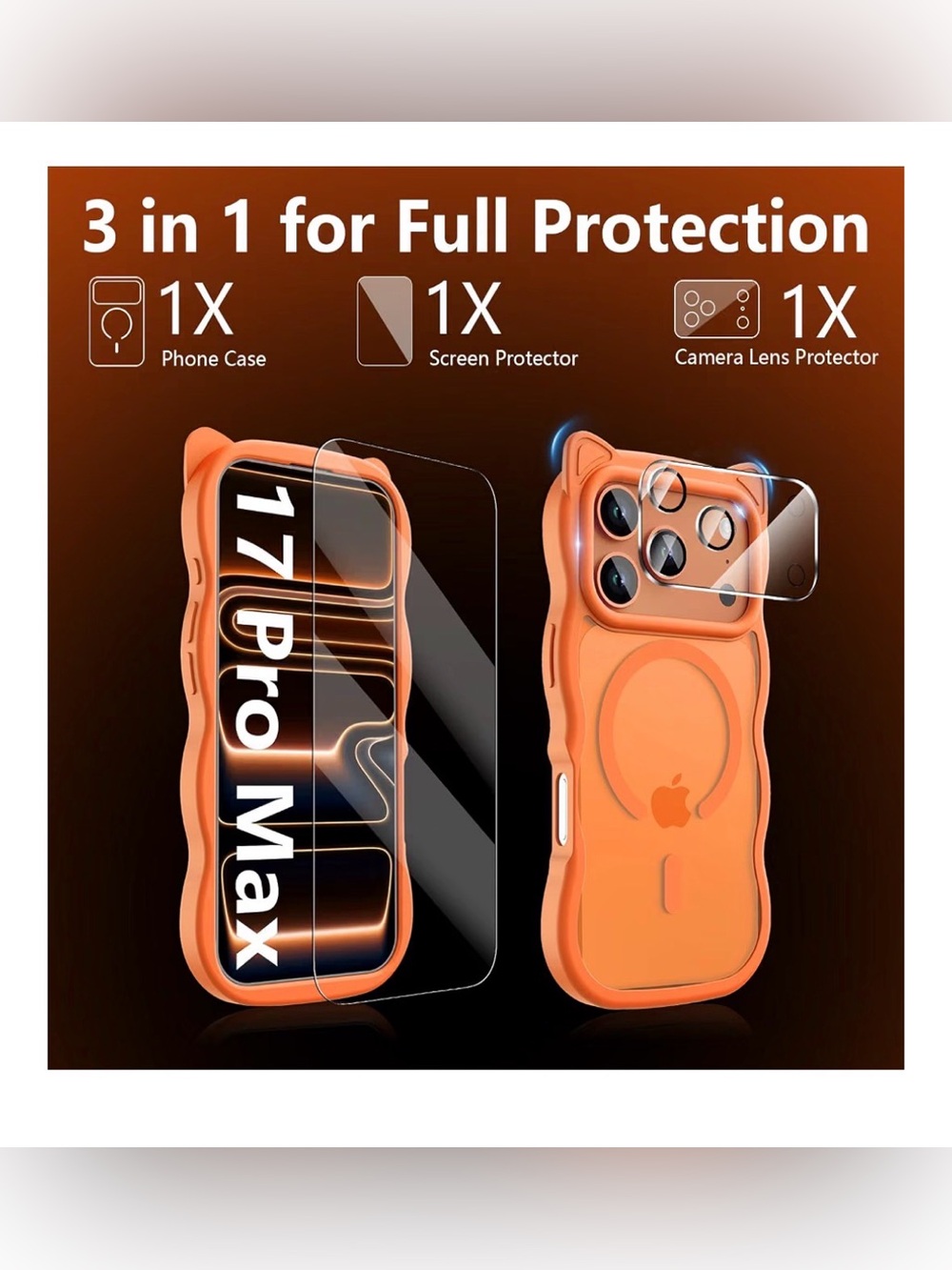 Orange Cat-Ear Magnetic iPhone 17 Pro Max Case with Screen & Camera Protectors